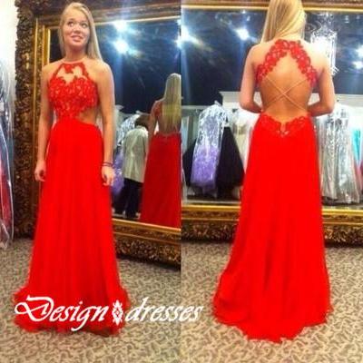 Custom Made Red Halter Neck Sexy Lace Backless Prom Dresses Formal
