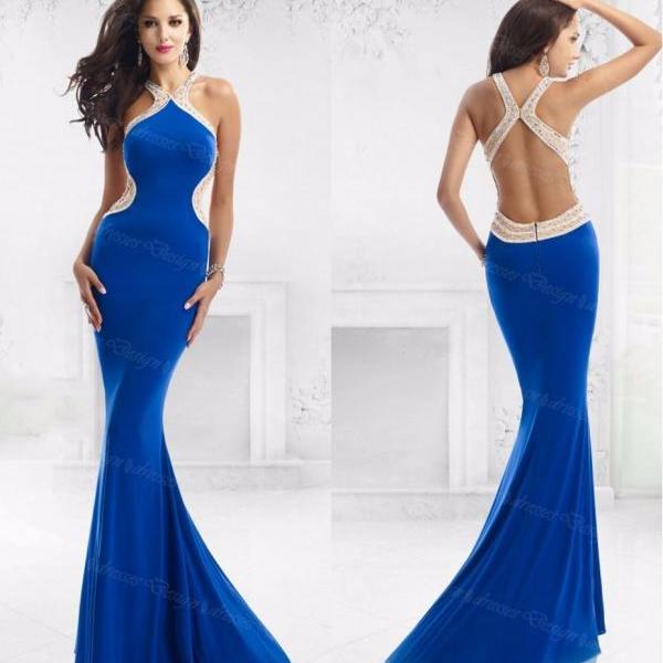 Custom Made Halter V Neck Royal Blue Long Chiffon Prom Dresses Side