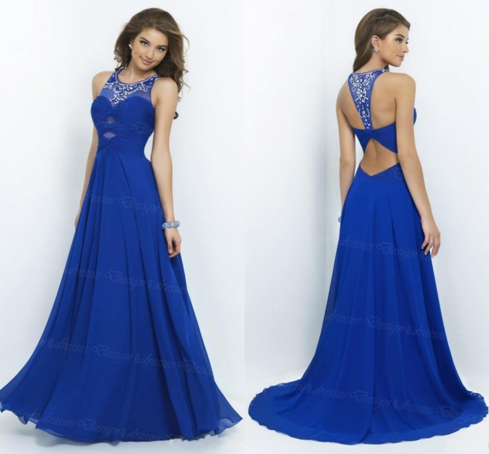 Custom Made Elegant Royal Blue Chiffon A Line Sweetheart Long Prom Dress Halter Bandage Backless